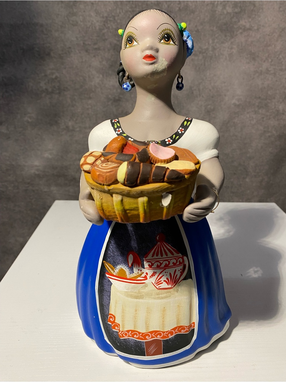VTG Signed Navarro Mexican Folk Art Clay Lupita Doll Bakery Pan Dulce Basket